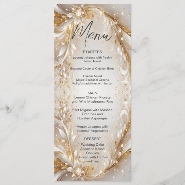 Vita Guld Blommigt Bröllop Menu Meny (Framsida)