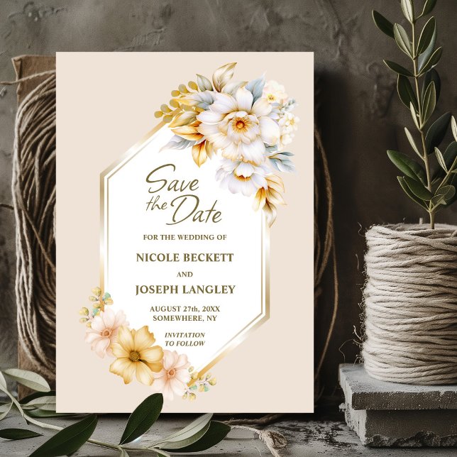 Vita Guld Blommigt Geometric Bröllop spara datum Datumet (Skapare uppladdad)