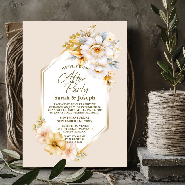 Vita Guld-Blommigten Geometric Bröllop efter Party Inbjudningar (Skapare uppladdad)