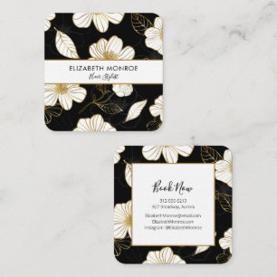 Vita Guld-blommor på Svart Salon Hair Stylist Fyrkantigt Visitkort
