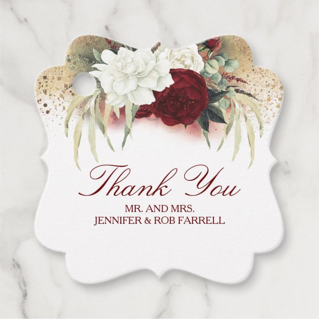 Vita Guld Burgundy Red Blommigt Modern Bröllop Gåvor Etiketter (Framsida)