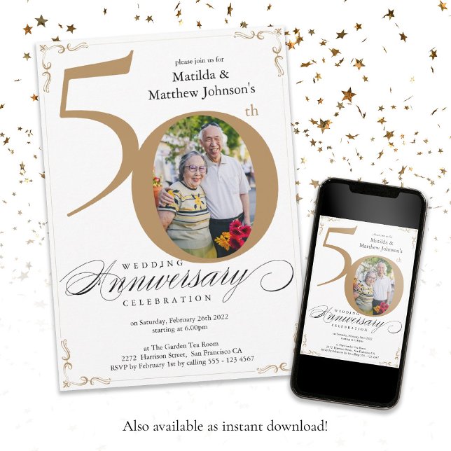 Vita Guld-calligrafifoto 50-årsjubileum  Inbjudningar (White Gold Calligraphy Photo 50th Anniversary Invitation)