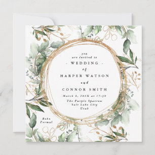 Vita Guld Circle Ram Boho Botanical Eucalyptus Inbjudningar