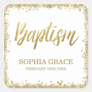 Vita Guld Faux Glitter Baptism Fyrkantigt Klistermärke
