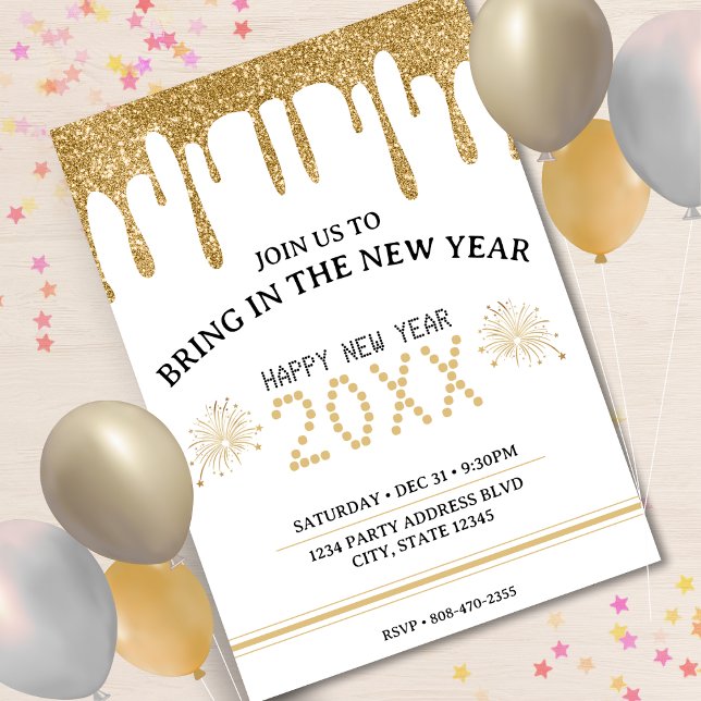 Vita & Guld Glitter Drip Nyårsafton Party 2024 Inbjudningar (White & Gold Glitter Drip New Years Eve Party 2024 Invitation)