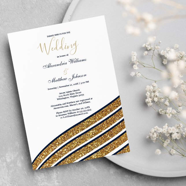 Vita guld glitter-marinens blå geometriska Bröllop Inbjudningar (White gold glitter navy blue geometric Wedding )