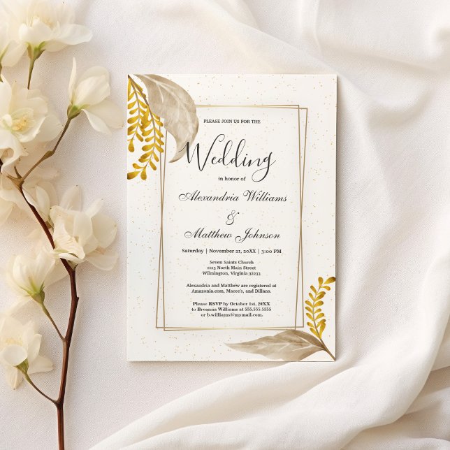 Vita guld konetti vintage bruna blommigt Bröllop Inbjudningar (White gold confetti vintage brown floral Wedding )