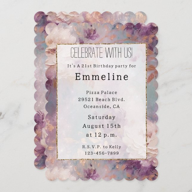 Vita Guld Lila Blommigt Inbjudningar (Fram/baksida)