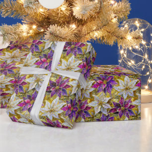 Vita Guld Lila Rosa Jul Poinsettias Presentpapper