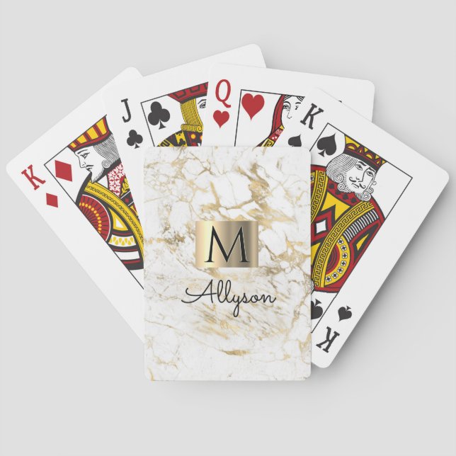 Vita & Guld Marble, Guld Box, Namn & Monogram Casinokort (Baksidan)