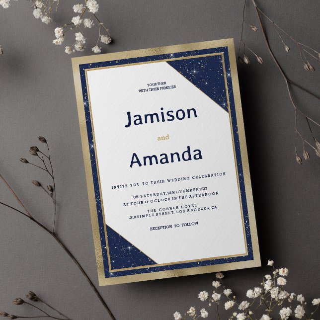Vita guld-marinblått glitter-geometriska Bröllop Inbjudningar (White gold navy blue glitter geometric Wedding )
