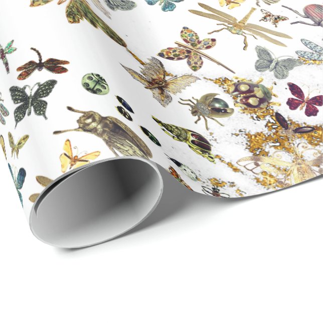 Vita Guld Meadow Butterfly Insekter Gems Marble Presentpapper (Rullad Hörn)