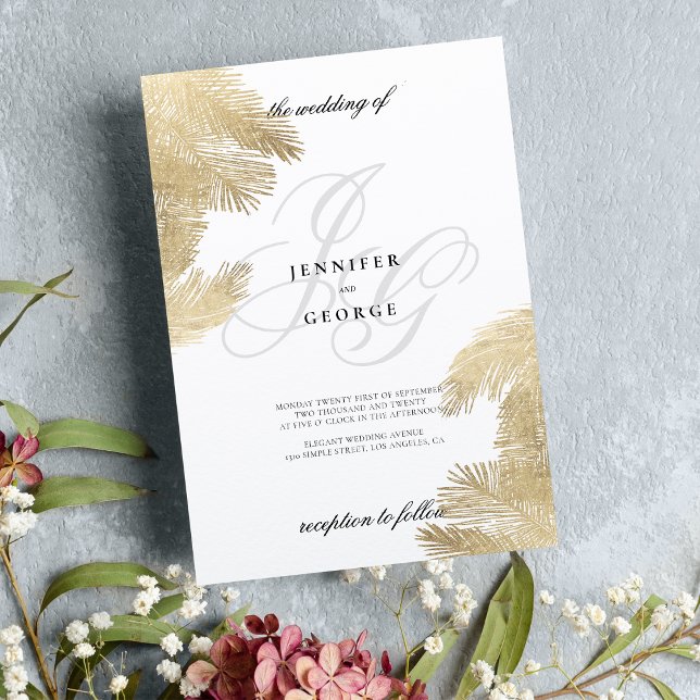 Vita guld monogram initialer tropiska bröllop inbjudningar (White gold monogram initials tropical wedding )