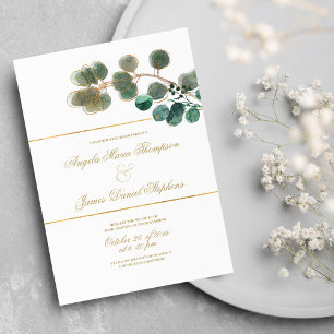 Vita guld mynta grönt eucalyptus löv bröllop inbjudningar