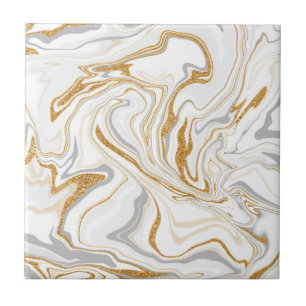 Vita, Guld och Grått Marble like Swirls Fluid Art Kakelplatta