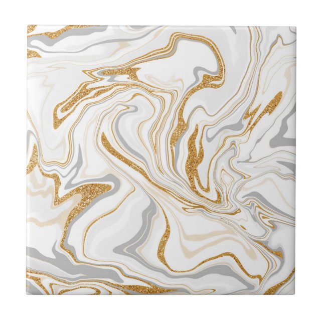 Vita, Guld och Grått Marble like Swirls Fluid Art Kakelplatta (Framsidan)
