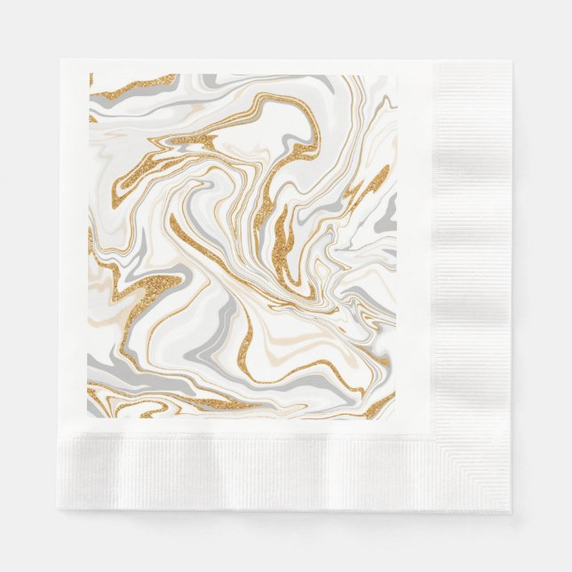 Vita, Guld och Grått Marble like Swirls Fluid Art Pappersservett (Framsidan)