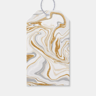 Vita, Guld och Grått Marble like Swirls Fluid Art Presentetikett