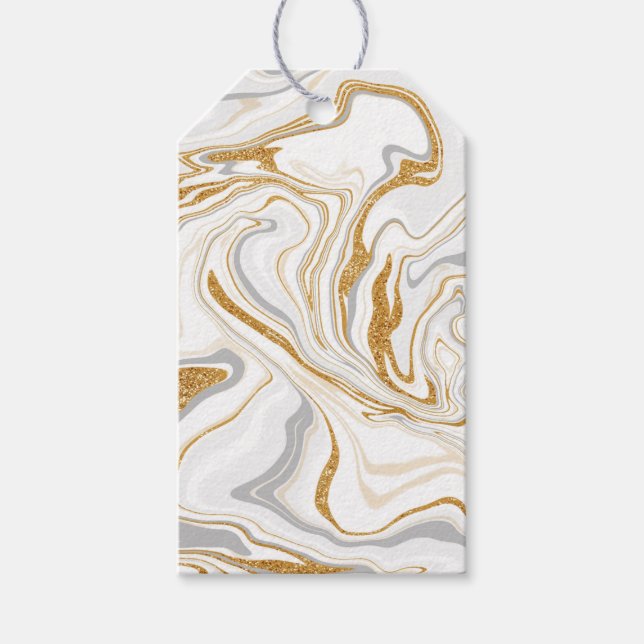 Vita, Guld och Grått Marble like Swirls Fluid Art Presentetikett (Framsidan)
