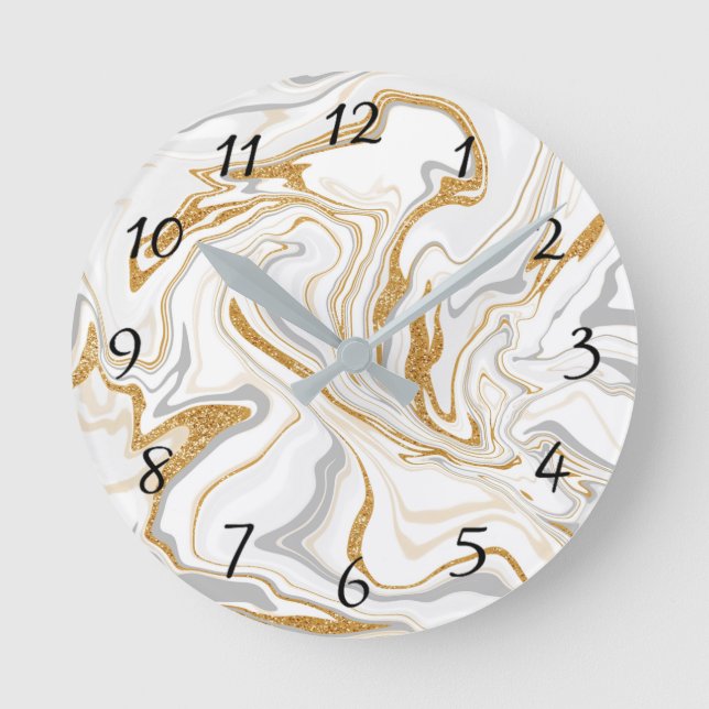 Vita, Guld och Grått Marble like Swirls Fluid Art  Rund Klocka (Framsida)