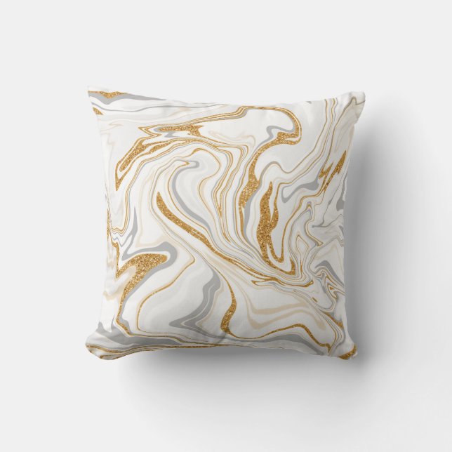 Vita, Guld och Grått Marble som Fluid Art Swirls Kudde (Framsida)