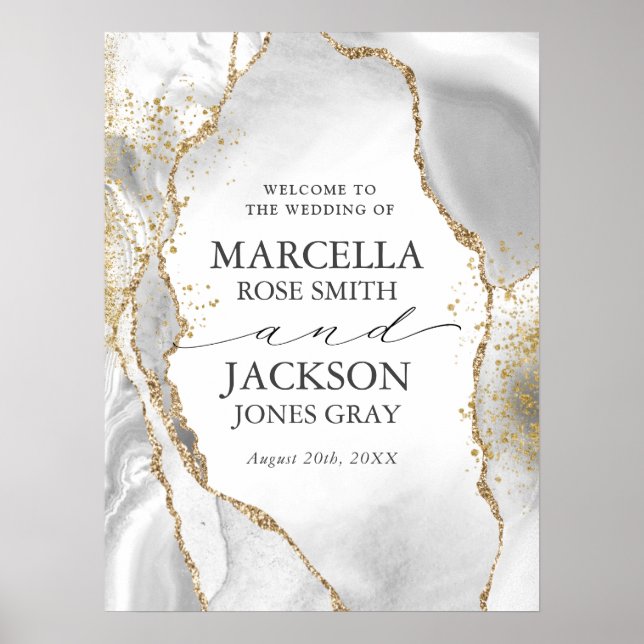 Vita, Guld och Grått Mist Agate Bröllop Poster (Framsidan)