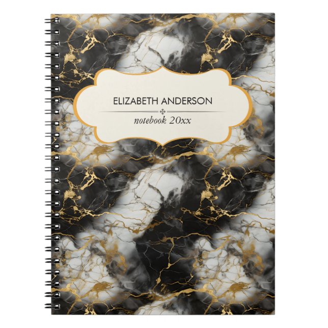 Vita, Guld och Svarta lyxmarble Elegant Anteckningsbok (Framsidan)