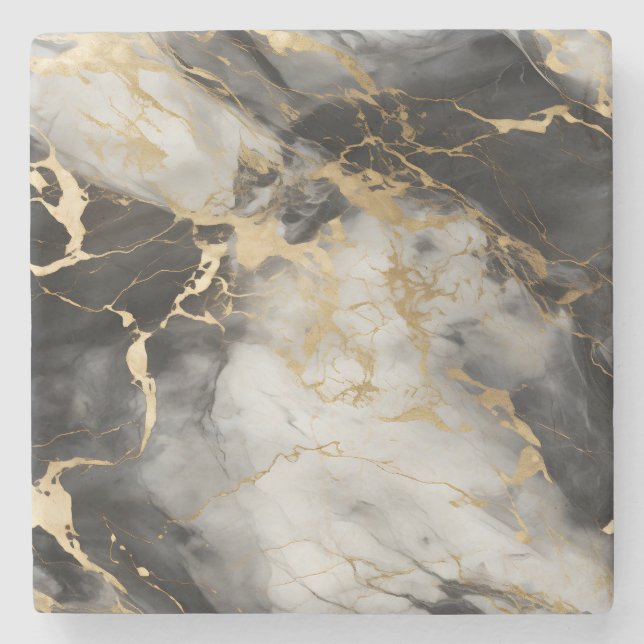 Vita, Guld och Svarta lyxmarble Elegant Stenunderlägg (Framsidan)