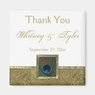 Vita, Guld Peacock Feather Wedding-favoritmagnet Magnet