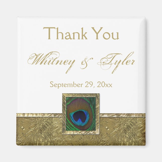 Vita, Guld Peacock Feather Wedding-favoritmagnet Magnet (Framsidan)