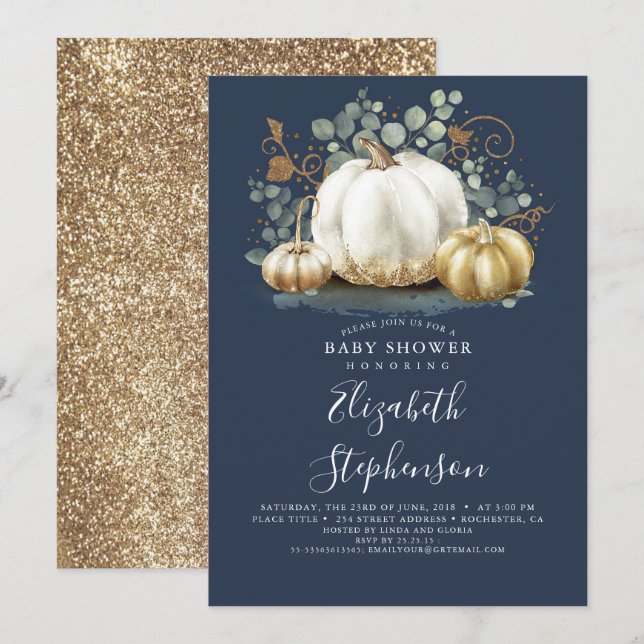 Vita Guld Pumpkins Navy Blue Fall Baby Shower Inbjudningar (Fram/baksida)