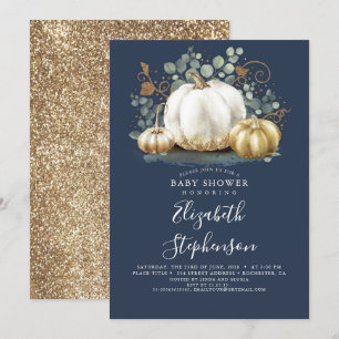 Vita Guld Pumpkins Navy Blue Fall Baby Shower Inbjudningar