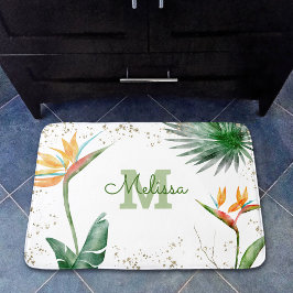 Vita Guld Tropiska Blommigten Foliage Monogram Nam Badrumsmatta