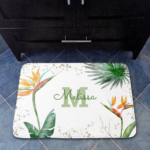 Vita Guld Tropiska Blommigten Foliage Monogram Nam Badrumsmatta
