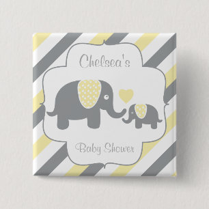 Vita, Gult och Grått Rand Elephants Baby Shower Knapp