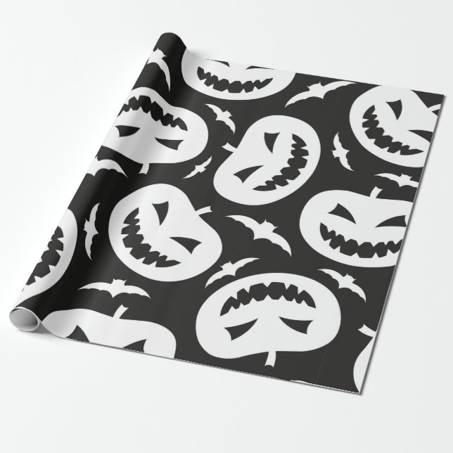 Vita halloween-pumpor och fladdermöss isolerade på presentpapper (Utrullad)