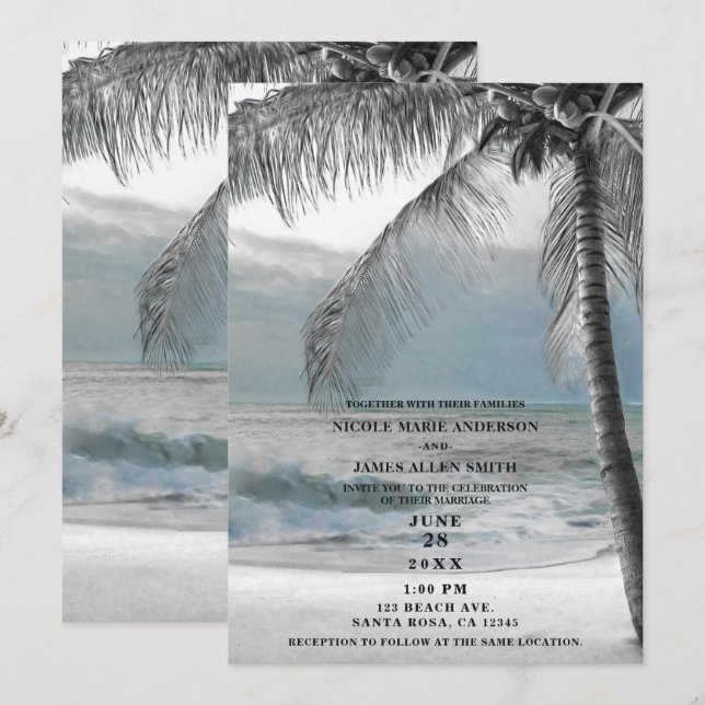 Vita Handflatan Coconut Träd Elegant Beach Wedding Inbjudningar (Fram/baksida)