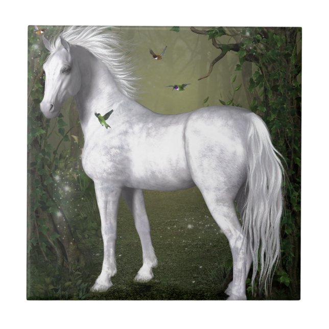Vita hästar i Skogen med Hummingbird Kakelplatta (Framsidan)