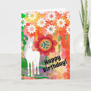 Vita hästar och blommor Färgämnen Hippie Birthday Kort