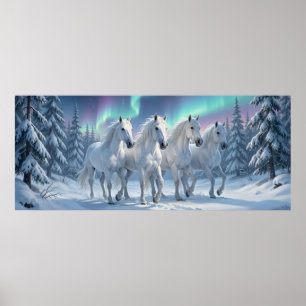 Vita hästar under norrsken i vinterskog poster