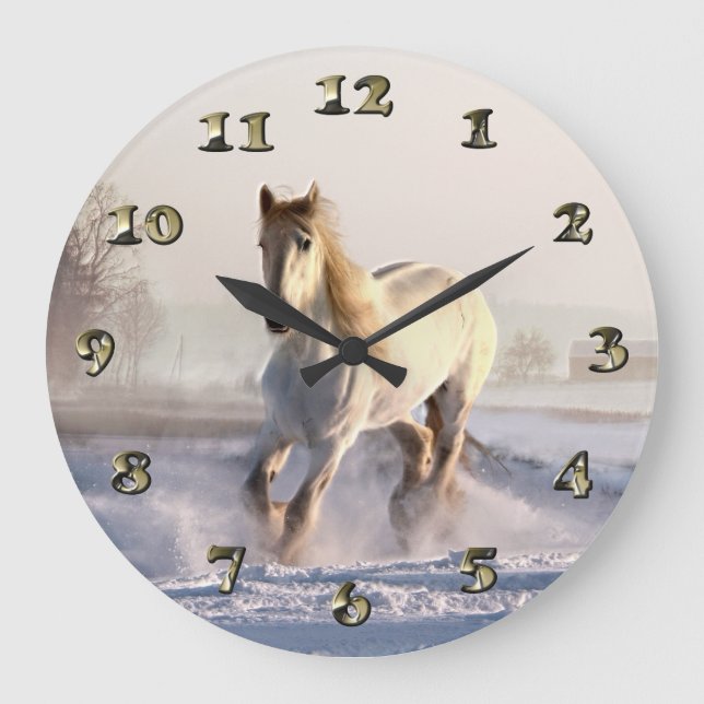Vita hästgalloping genom vintern Snö Stor Klocka (Framsida)