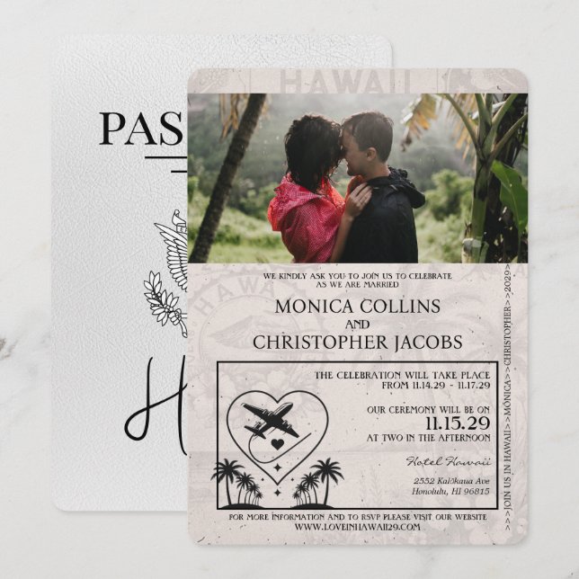Vita Hawaii-passbröllop Inbjudningar (Fram/baksida)
