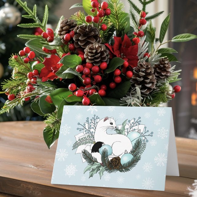 Vita Hermelin Blå Julsnöflingor  Kort (Skapare uppladdad)