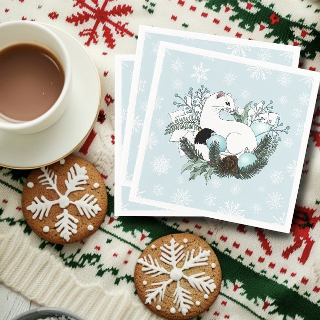 Vita Hermelin Blå Julsnöflingor  Pappersservett (Skapare uppladdad)