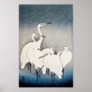 Vita Heroner i Snö, Ohara Koson, Woodcut Poster