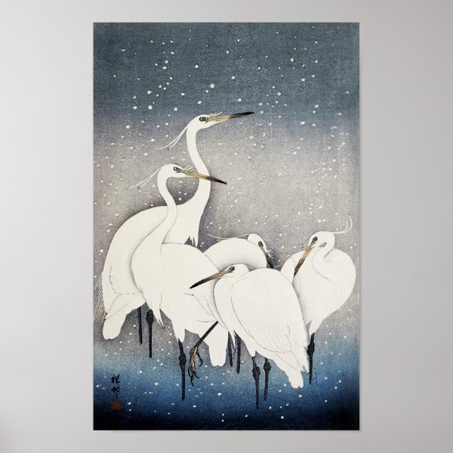 Vita Heroner i Snö, Ohara Koson, Woodcut Poster (Framsidan)