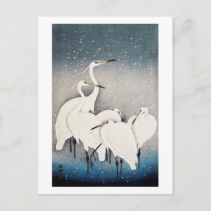 Vita Heroner i Snö, Ohara Koson, Woodcut Vykort