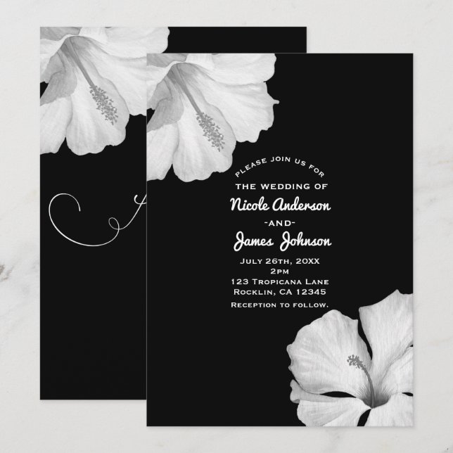 Vita Hibiscus Black Tropical Wedding-inbjudningar Inbjudningar (Fram/baksida)