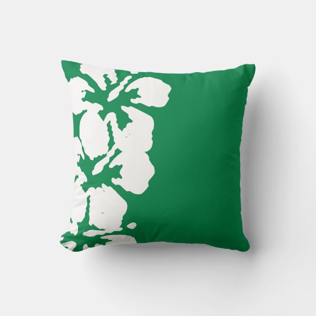 Vita Hibiscus Blommor på Emerald Grönt Pillow Kudde (Framsida)