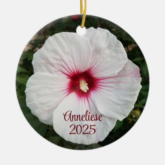 Vita Hibiscus Flower-foton Julgransprydnad Keramik (Framsidan)